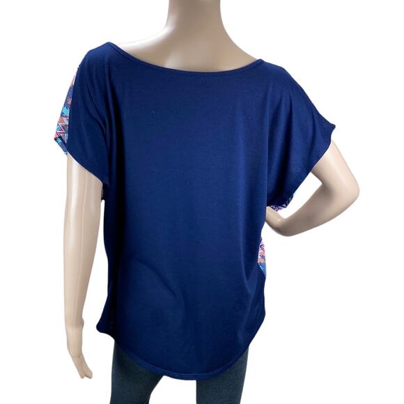 Absolutely Famous Women Navy Combo Chevron Boat Neck Short Sleeve Top Size XL - Picture 4 of 5
